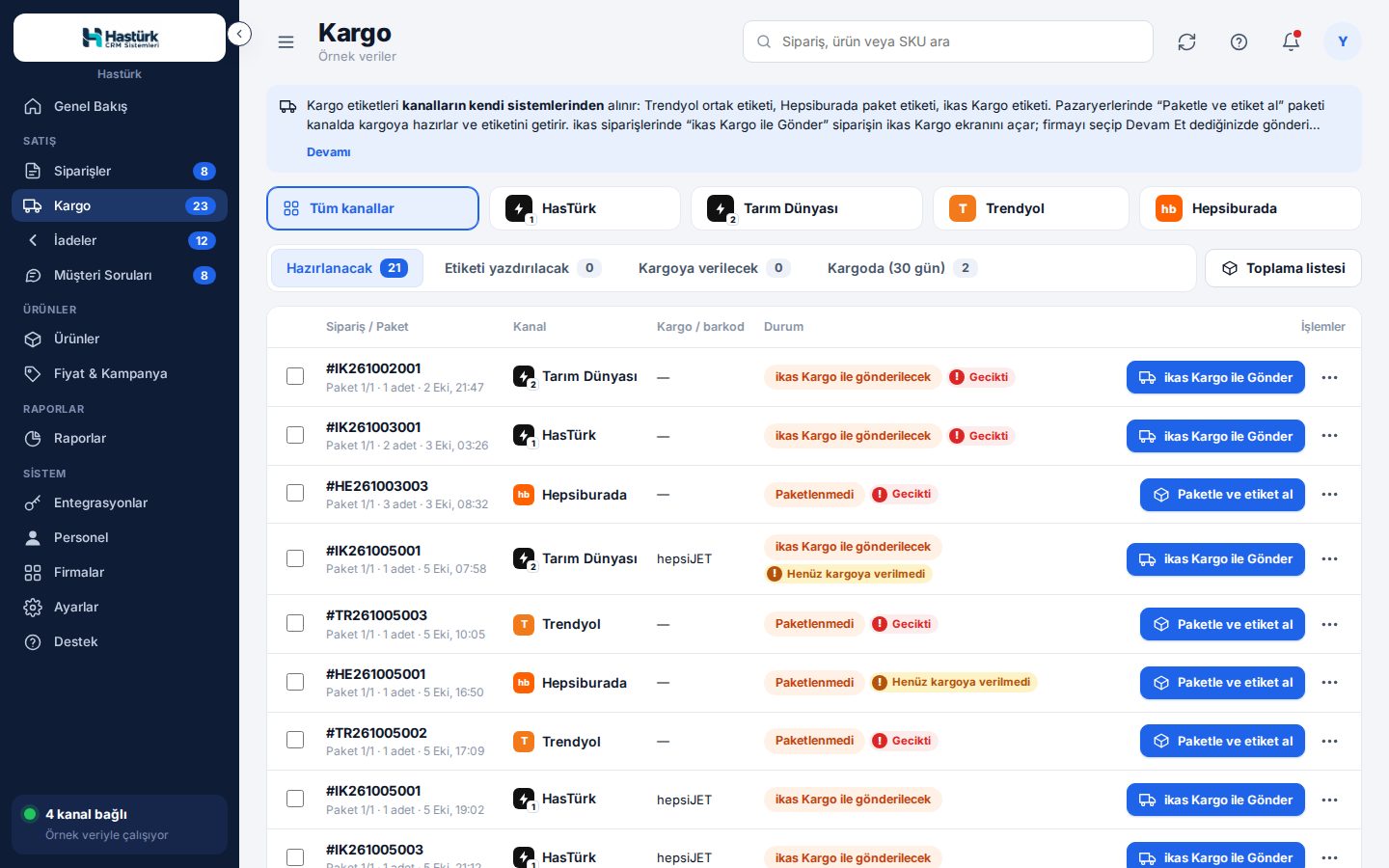 Kargo ve etiket ekranı