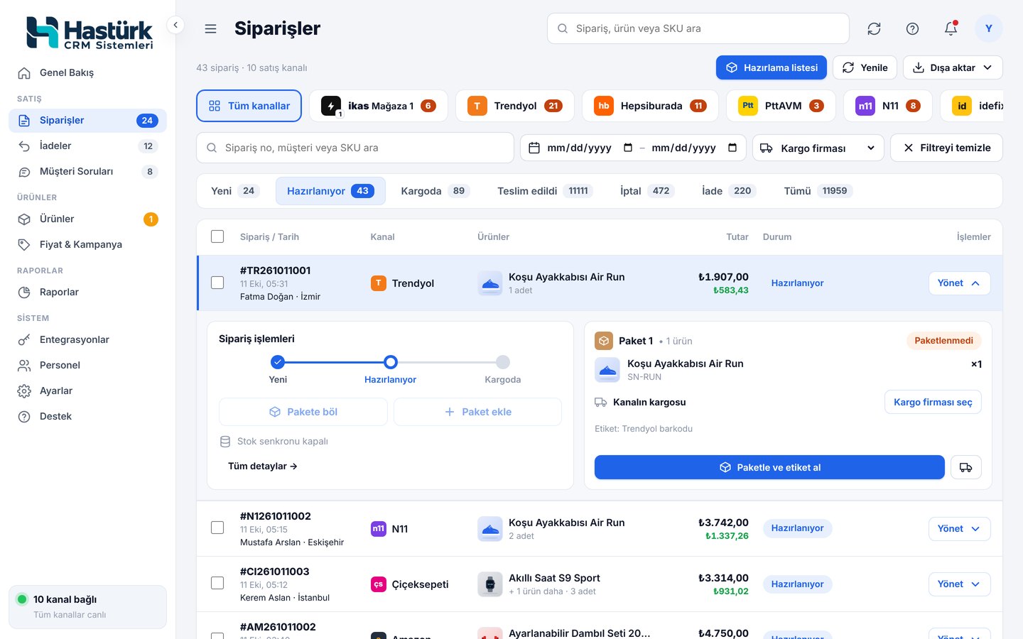 Kargo firması entegrasyonu ekranı